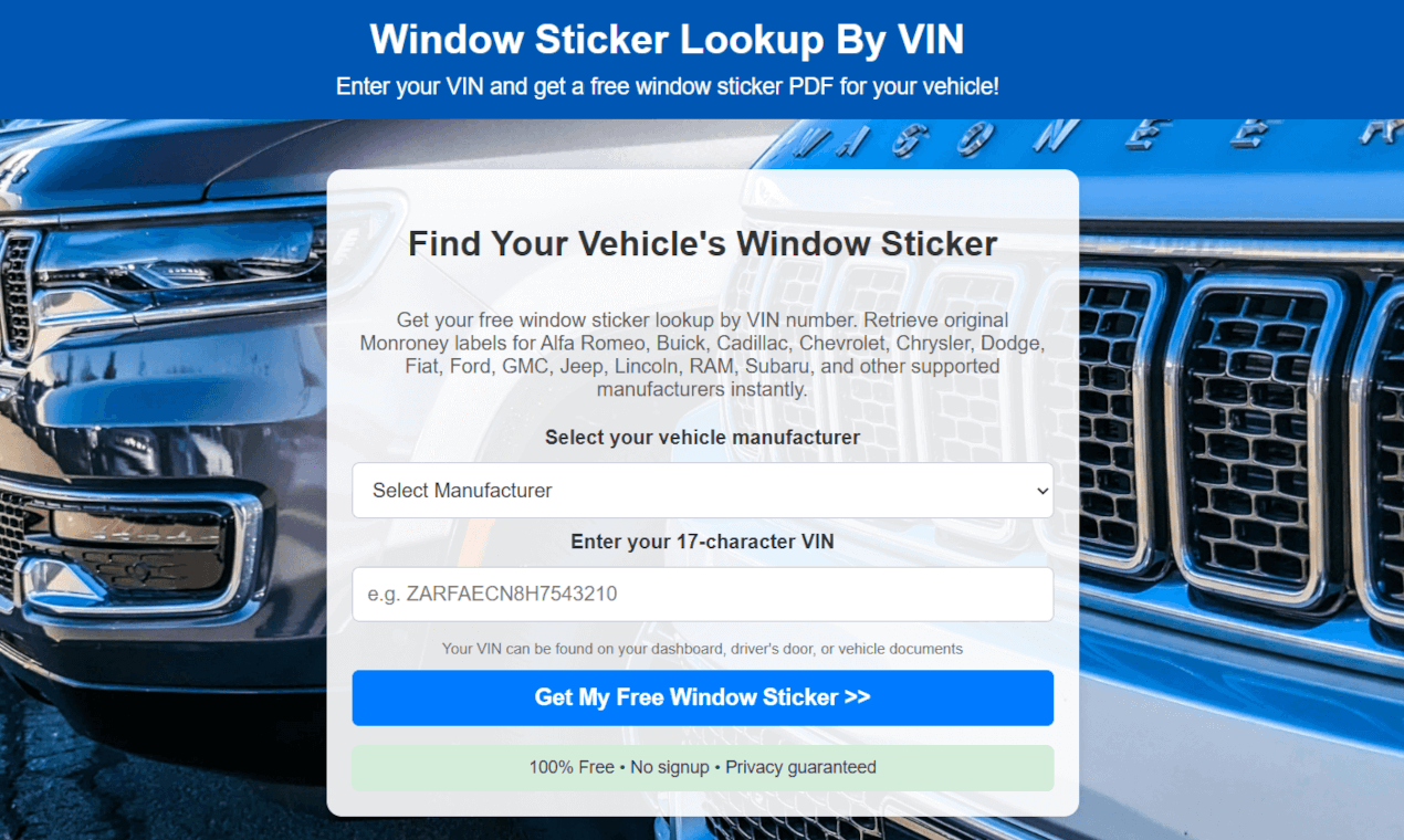 Window Sticker Lookup By VIN logo